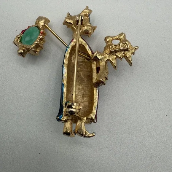 Vintage ART Figural Brooch Asian Lady Enamel Pearl Owl Lantern Pin Costume - Picture 2 of 6